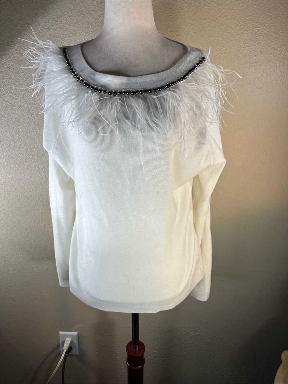 Elegant Off-the-Shoulder Feather-Trim Sweater in White